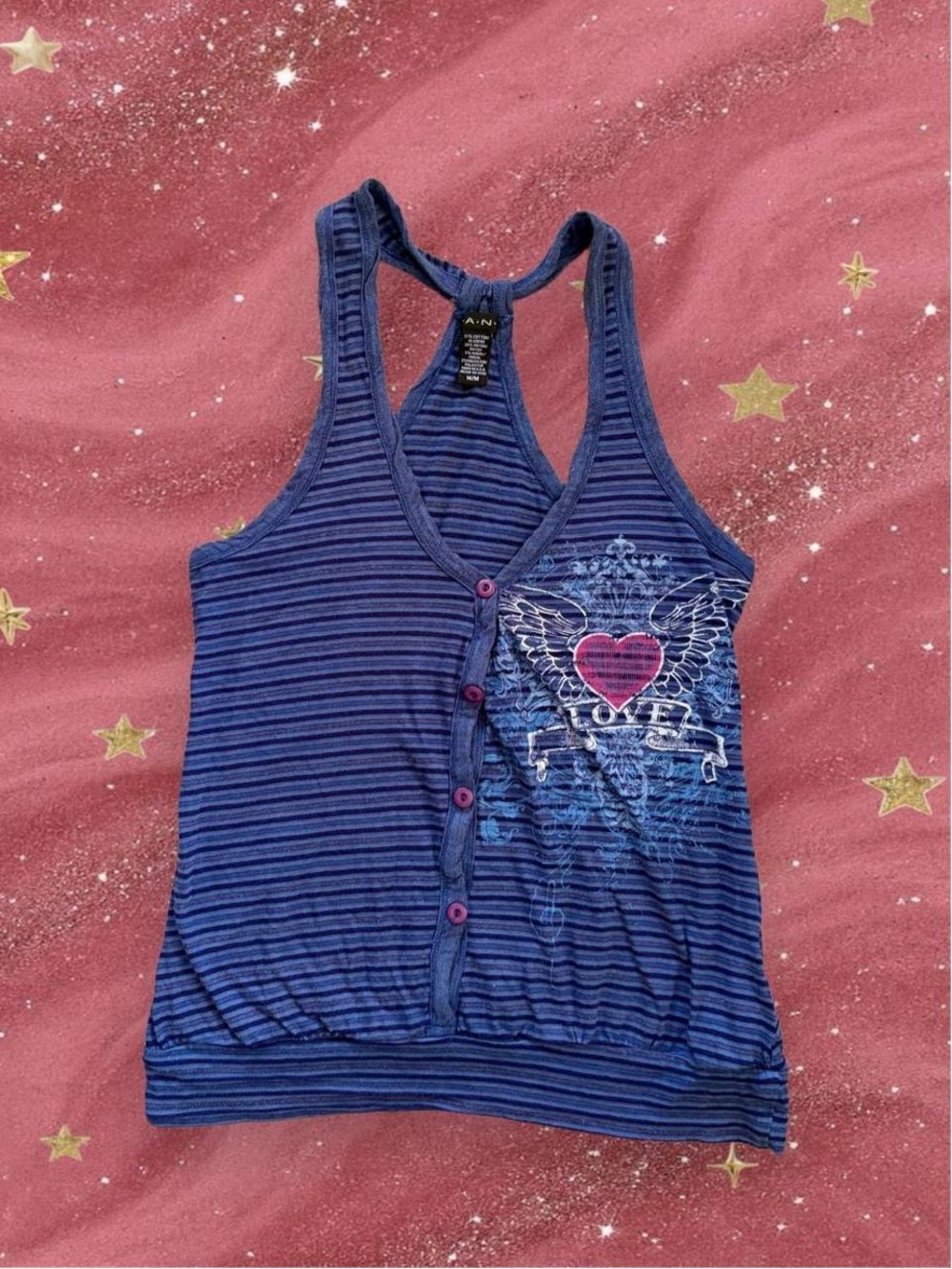 FANG Blue Striped Racerback Tank with Heart Wing Graphic
